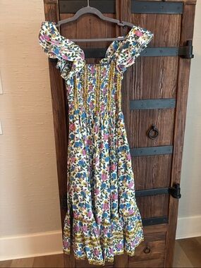 Floral Ruffle Maxi Dress - White with Pink & Blue Floral